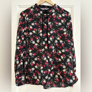 Zara Basic Z1975 Denim Black Floral Blouse w/Black Velvet Tie at Neck